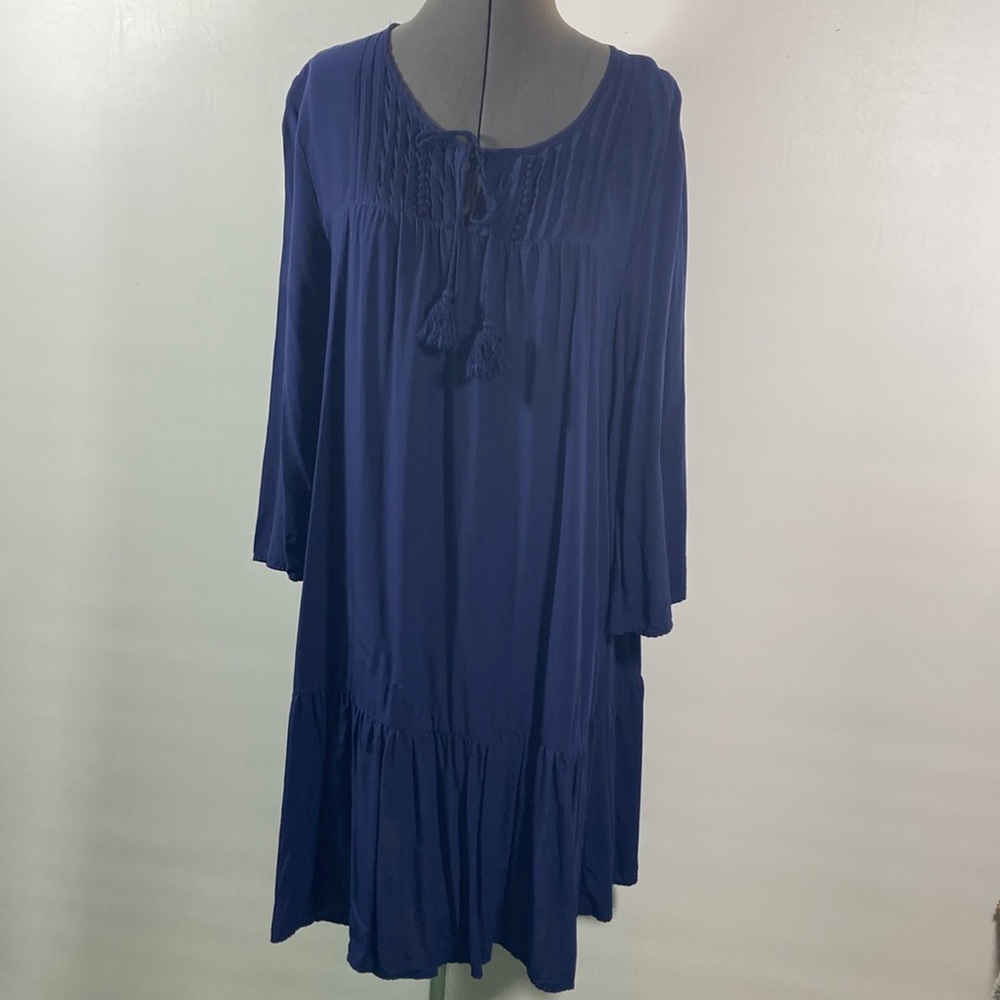 Old Navy Dress Women Size Large Navy Long Sleeve Pleat Neckline Ruffle Detail
